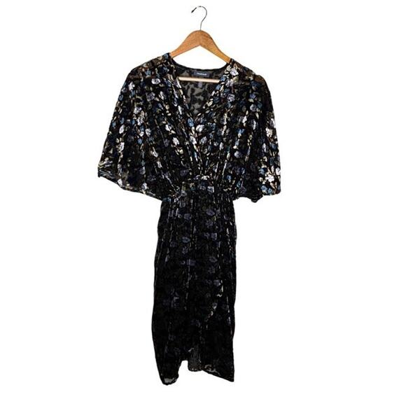Modcloth Velvet Dress XS Floral Black Faux Wrap Burnout V Neck Knee Length New - Picture 16 of 16